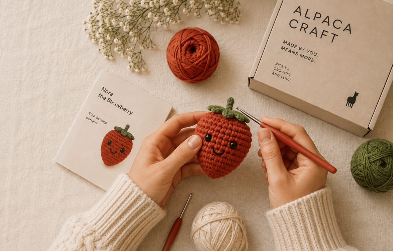Hands crocheting a strawberry beside an Alpaca Craft kit box, yarn, and pattern booklet.